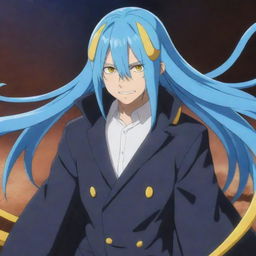 Rimuru Tempest from the anime 'That Time I Got Reincarnated as a Slime', showcasing his blue hair, gleaming yellow eyes, and striking attire.