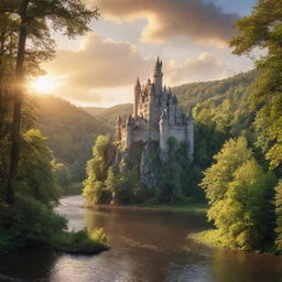 A majestic castle nestled in a deep, lush forest with a sparkling river flowing alongside it under a sky glowing with the gentle rays of a sunset