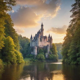 A majestic castle nestled in a deep, lush forest with a sparkling river flowing alongside it under a sky glowing with the gentle rays of a sunset