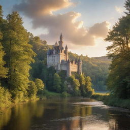 A majestic castle nestled in a deep, lush forest with a sparkling river flowing alongside it under a sky glowing with the gentle rays of a sunset