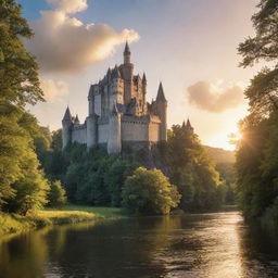 A majestic castle nestled in a deep, lush forest with a sparkling river flowing alongside it under a sky glowing with the gentle rays of a sunset