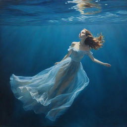 An underwater oil painting depicting a melancholic girl, her ethereal form gliding effortlessly beneath the azure depths of the sea.