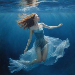 An underwater oil painting depicting a melancholic girl, her ethereal form gliding effortlessly beneath the azure depths of the sea.