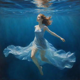 An underwater oil painting depicting a melancholic girl, her ethereal form gliding effortlessly beneath the azure depths of the sea.