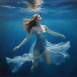 An underwater oil painting depicting a melancholic girl, her ethereal form gliding effortlessly beneath the azure depths of the sea.