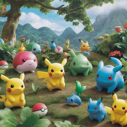 An assortment of popular Pokemon characters, from Pikachu to Bulbasaur, in a vibrant, lush, and natural environment.