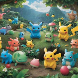 An assortment of popular Pokemon characters, from Pikachu to Bulbasaur, in a vibrant, lush, and natural environment.