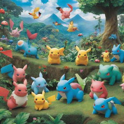 An assortment of popular Pokemon characters, from Pikachu to Bulbasaur, in a vibrant, lush, and natural environment.