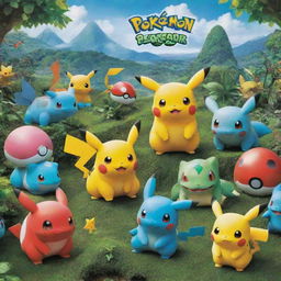 An assortment of popular Pokemon characters, from Pikachu to Bulbasaur, in a vibrant, lush, and natural environment.