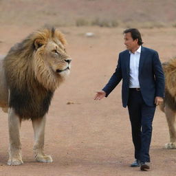 A brave depiction of Imran Khan, the Pakistani Prime Minister, engaged in an intense, yet non-violent, stare-down with a majestic and powerful lion.