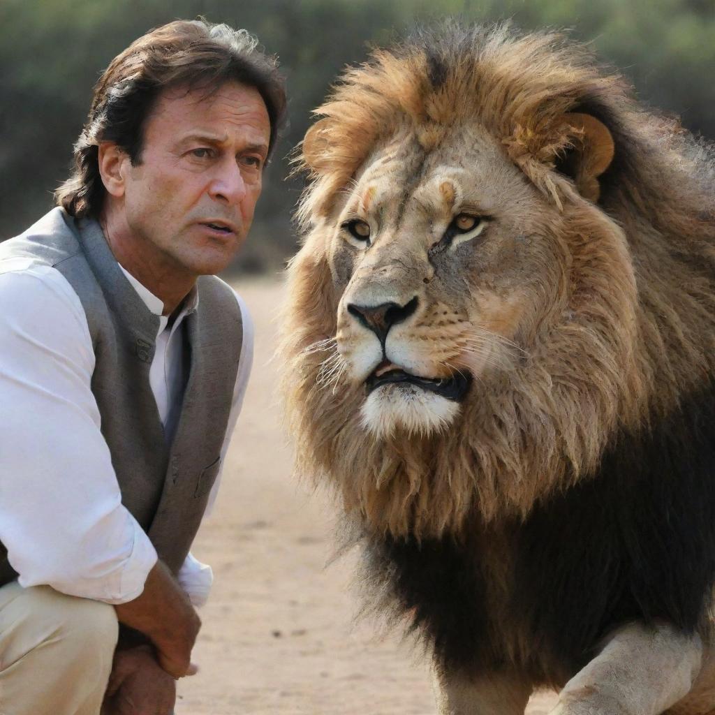 A brave depiction of Imran Khan, the Pakistani Prime Minister, engaged in an intense, yet non-violent, stare-down with a majestic and powerful lion.