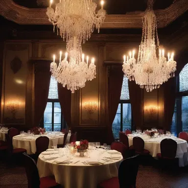 The tricked-out restaurant was the perfect setting for a romantic dinner under the dimly lit chandeliers.