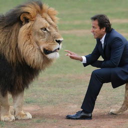 A brave depiction of Imran Khan, the Pakistani Prime Minister, engaged in an intense, yet non-violent, stare-down with a majestic and powerful lion.