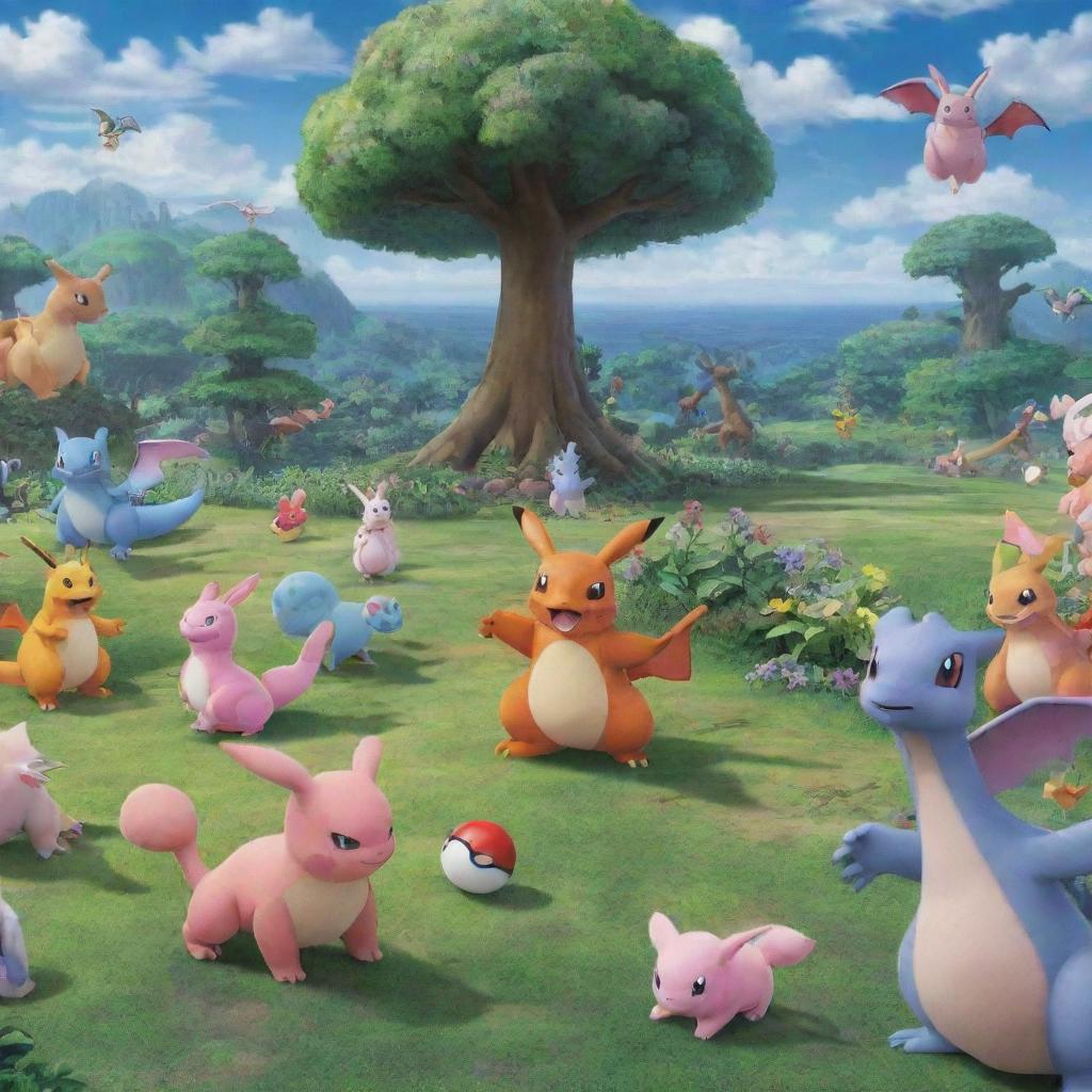 A bustling scene filled with diverse and beloved Pokémon characters, such as Charizard, Jigglypuff, Eevee and Mewtwo, frolicking in a verdant landscape.