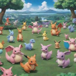 A bustling scene filled with diverse and beloved Pokémon characters, such as Charizard, Jigglypuff, Eevee and Mewtwo, frolicking in a verdant landscape.