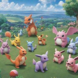 A bustling scene filled with diverse and beloved Pokémon characters, such as Charizard, Jigglypuff, Eevee and Mewtwo, frolicking in a verdant landscape.