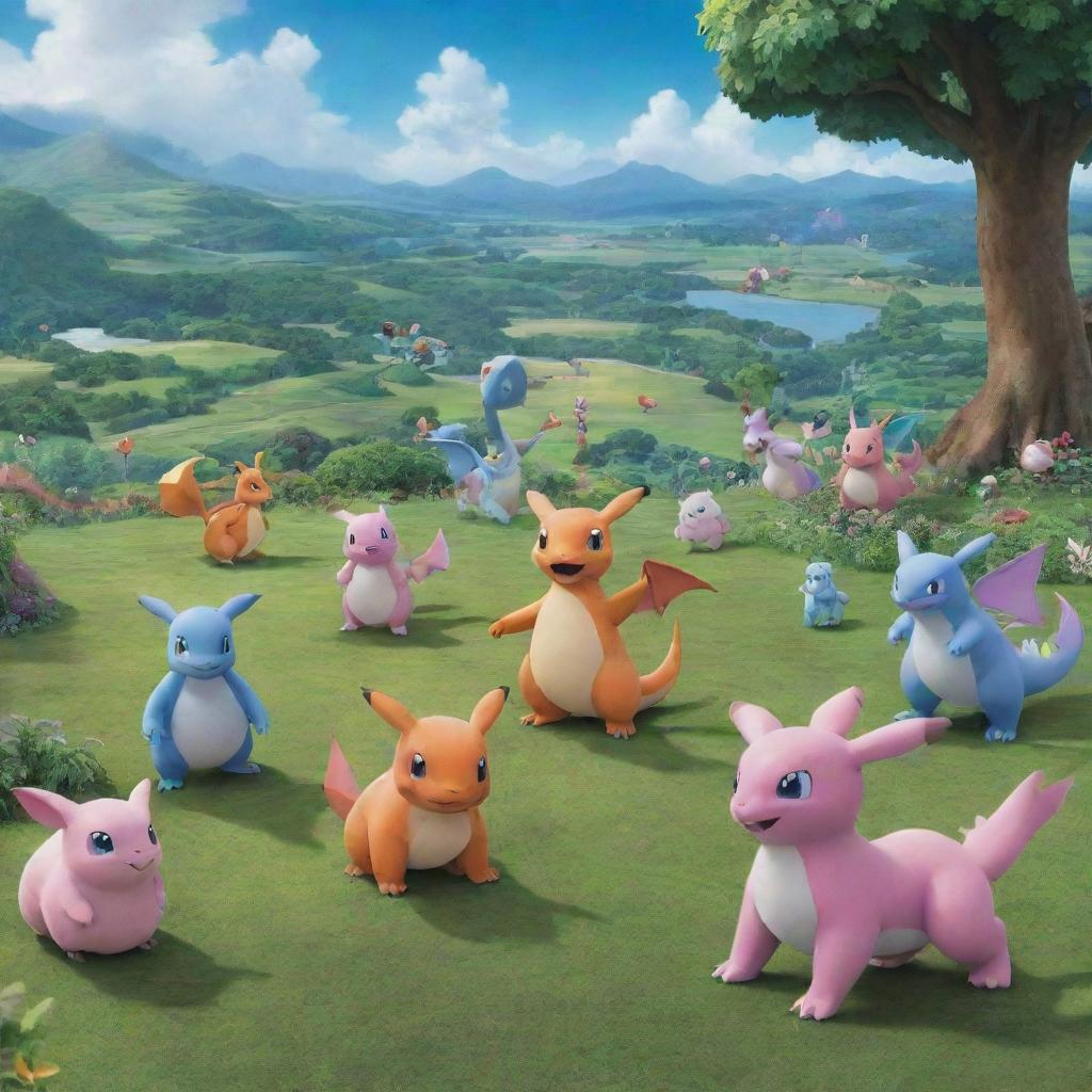 A bustling scene filled with diverse and beloved Pokémon characters, such as Charizard, Jigglypuff, Eevee and Mewtwo, frolicking in a verdant landscape.