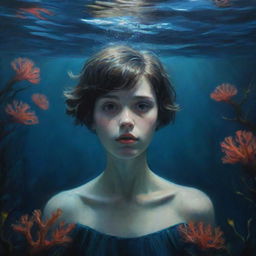 A reimagined underwater oil painting featuring a melancholic girl with short hair. She navigates the dark, mysterious sea, surrounded by luminescent corals. The sea's eerie beauty is juxtaposed with her sadness.