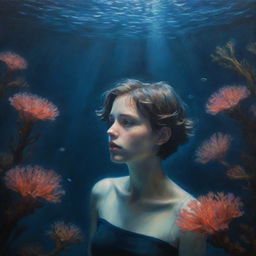 A reimagined underwater oil painting featuring a melancholic girl with short hair. She navigates the dark, mysterious sea, surrounded by luminescent corals. The sea's eerie beauty is juxtaposed with her sadness.