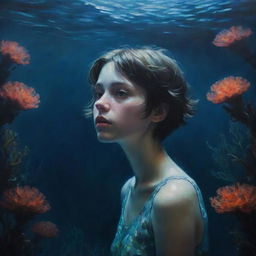 A reimagined underwater oil painting featuring a melancholic girl with short hair. She navigates the dark, mysterious sea, surrounded by luminescent corals. The sea's eerie beauty is juxtaposed with her sadness.