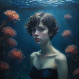 A reimagined underwater oil painting featuring a melancholic girl with short hair. She navigates the dark, mysterious sea, surrounded by luminescent corals. The sea's eerie beauty is juxtaposed with her sadness.