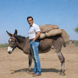 Salman Khan, a popular Bollywood actor, standing next to a donkey in a rural setting, under a clear blue sky.