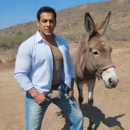 Salman Khan, a popular Bollywood actor, standing next to a donkey in a rural setting, under a clear blue sky.