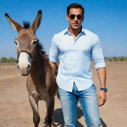 Salman Khan, a popular Bollywood actor, standing next to a donkey in a rural setting, under a clear blue sky.