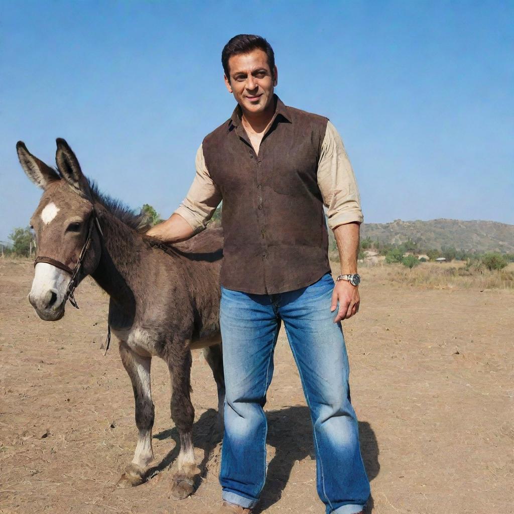 Salman Khan, a popular Bollywood actor, standing next to a donkey in a rural setting, under a clear blue sky.