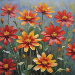 Impressionist painting featuring vibrant red and yellow flowers in full bloom