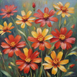 Impressionist painting featuring vibrant red and yellow flowers in full bloom