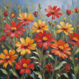 Impressionist painting featuring vibrant red and yellow flowers in full bloom