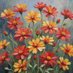 Impressionist painting featuring vibrant red and yellow flowers in full bloom