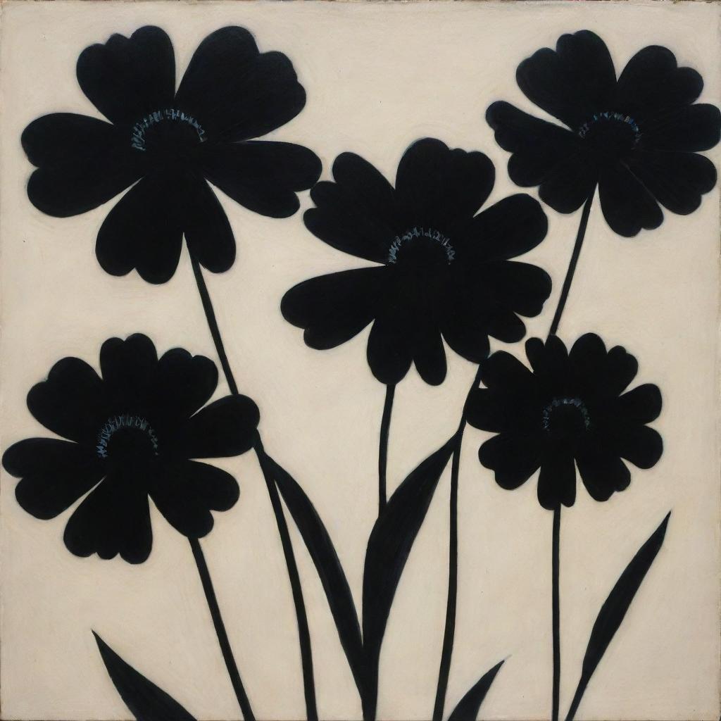 Modernist painting showcasing dark and mysterious black flowers