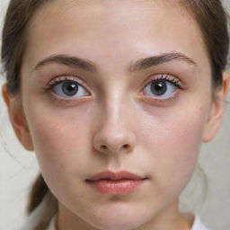 A fair-skinned girl with a square-shaped face and large eyes. She has a mole on her left cheek, thin lips, and a normal-sized nose.