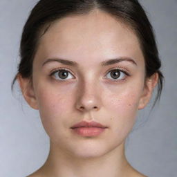 A fair-skinned girl with a square-shaped face and large eyes. She has a mole on her left cheek, thin lips, and a normal-sized nose.