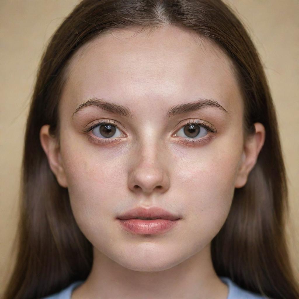 A fair-skinned girl with a square-shaped face and large eyes. She has a mole on her left cheek, thin lips, and a normal-sized nose.