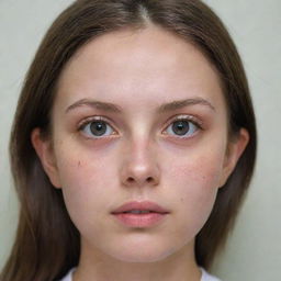 A fair-skinned girl with a square-shaped face and large eyes. She has a mole on her left cheek, thin lips, and a normal-sized nose.