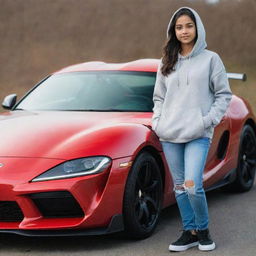 A teenager, Ishita, dressed in a casual hoodie standing confidently next to a sleek, gleaming Supra car.