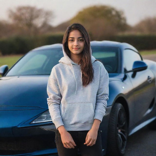 A teenager, Ishita, dressed in a casual hoodie standing confidently next to a sleek, gleaming Supra car.