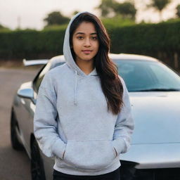 A teenager, Ishita, dressed in a casual hoodie standing confidently next to a sleek, gleaming Supra car.