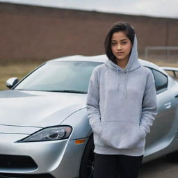 A teenager, Ishita, dressed in a casual hoodie standing confidently next to a sleek, gleaming Supra car.