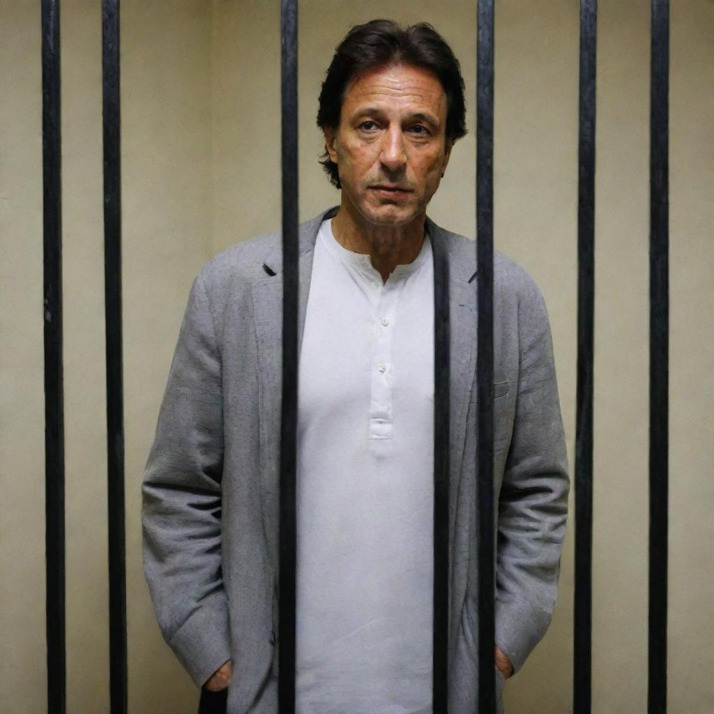 A dignified Imran Khan standing inside a prison cell with vertical bars, lightly illuminated by a single overhead lamp