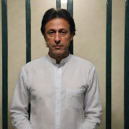 A dignified Imran Khan standing inside a prison cell with vertical bars, lightly illuminated by a single overhead lamp