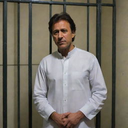 A dignified Imran Khan standing inside a prison cell with vertical bars, lightly illuminated by a single overhead lamp