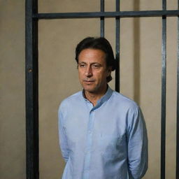 A dignified Imran Khan standing inside a prison cell with vertical bars, lightly illuminated by a single overhead lamp