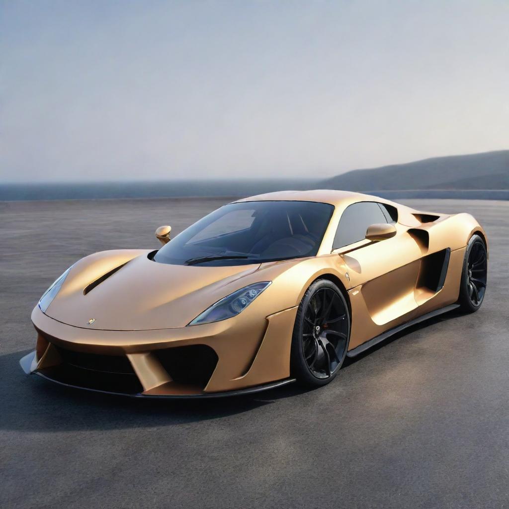 A hyper-realistic supercar with a gleaming metallic paint job, aerodynamic shape, and impressive wheels. The car should exude raw power and speed with luxurious interior details.