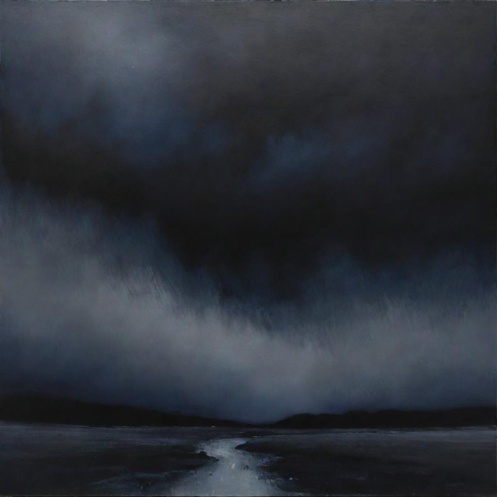 A moody painting capturing the gloom of sad, dark skies that fill the canvas with shades of black, indigo, and grey, creating a melancholic atmosphere.