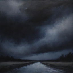 A moody painting capturing the gloom of sad, dark skies that fill the canvas with shades of black, indigo, and grey, creating a melancholic atmosphere.