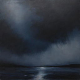 A moody painting capturing the gloom of sad, dark skies that fill the canvas with shades of black, indigo, and grey, creating a melancholic atmosphere.